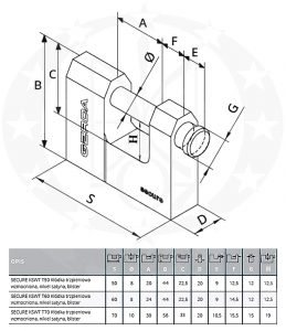 Навісний замок GERDA KSWT-70 пешка креслення розміри