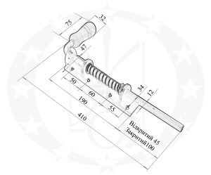 Засув цинкований вузький з пружиною та дерев'яною ручкою 400 креслення розміри
