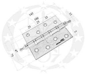 Завіс Palladium mod.S500-A 100 х 75 Р латунь сатинована креслення розміри